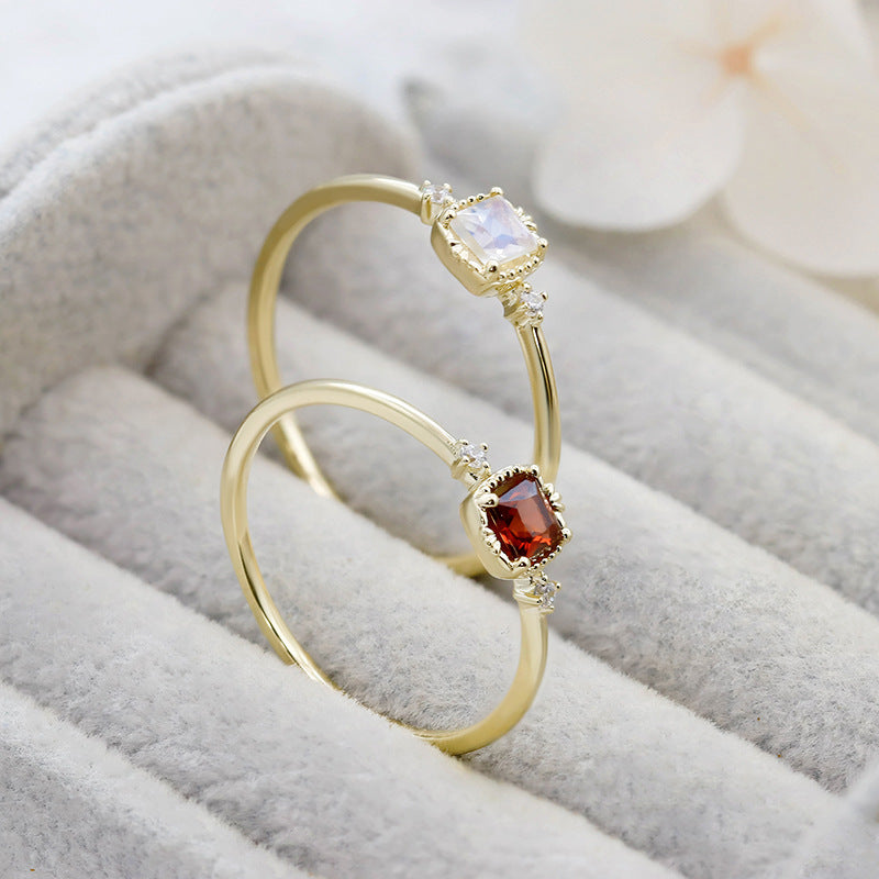 9K Gold Ring | Vintage French Style, Moonstone & Garnet Gemstone, Unique & Elegant Jewelry for Women, Perfect for Stacking & Special Occasions