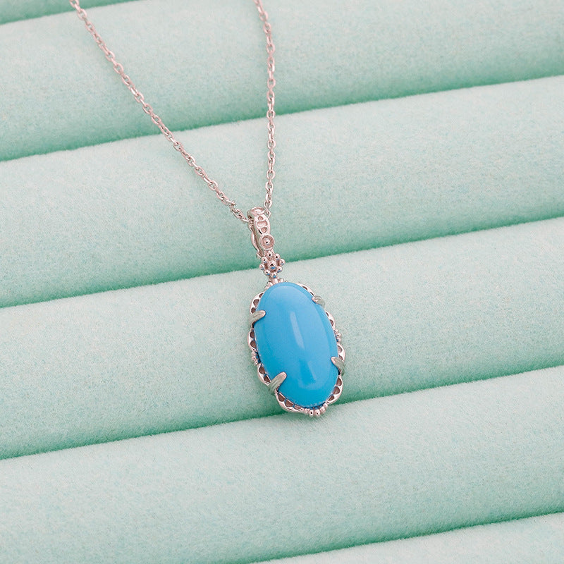 9K Vintage Oval Synthetic Turquoise Necklace | Retro-Inspired Elegant Pendant, Timeless & Unique Statement Jewelry for Women, Perfect for Layering & Gifting