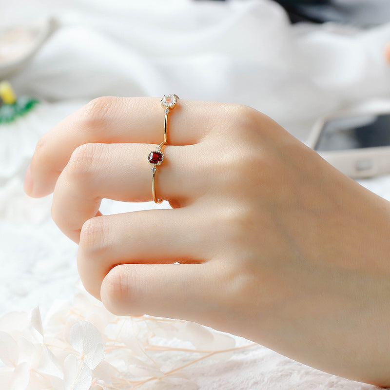 9K Gold Ring | Vintage French Style, Moonstone & Garnet Gemstone, Unique & Elegant Jewelry for Women, Perfect for Stacking & Special Occasions