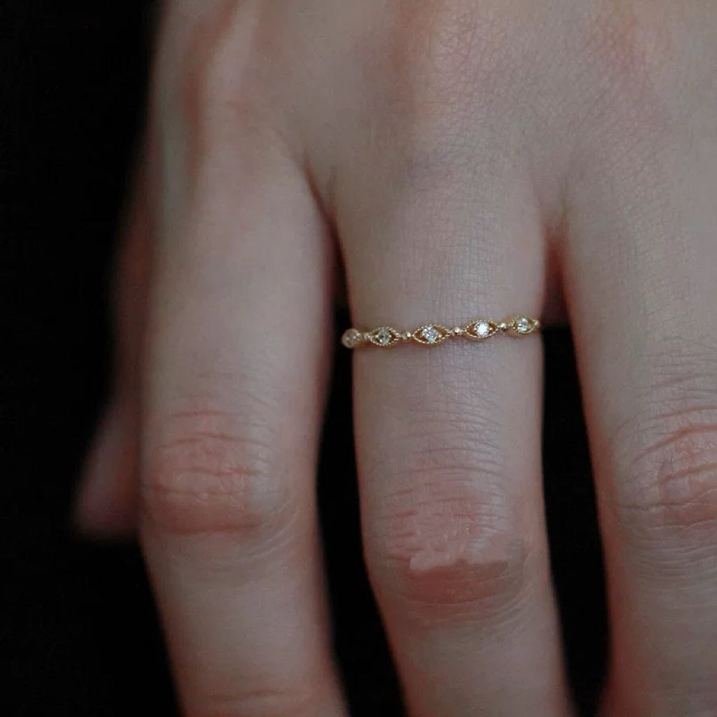 14K Yellow Gold Olive Dainty Vintage Openwork Wave Ring,Engagement Ring