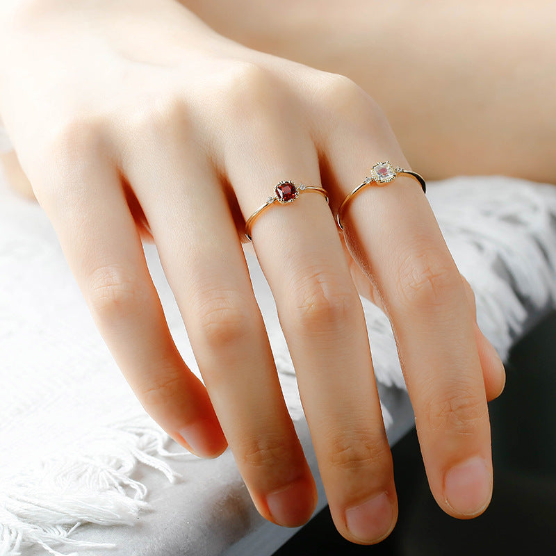 9K Gold Ring | Vintage French Style, Moonstone & Garnet Gemstone, Unique & Elegant Jewelry for Women, Perfect for Stacking & Special Occasions