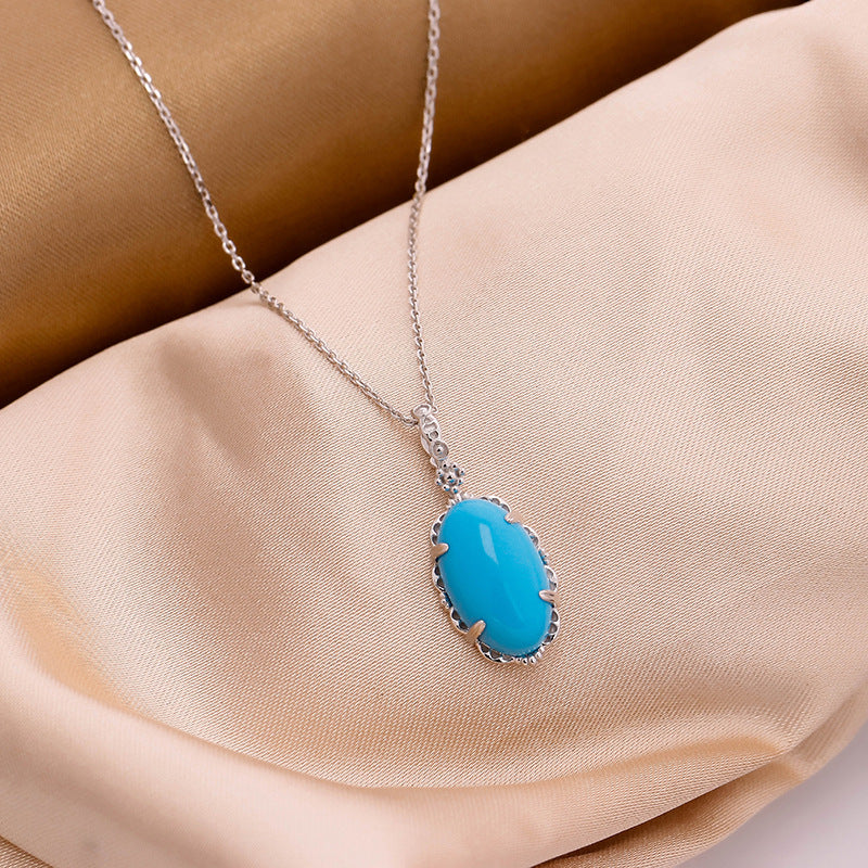 9K Vintage Oval Synthetic Turquoise Necklace | Retro-Inspired Elegant Pendant, Timeless & Unique Statement Jewelry for Women, Perfect for Layering & Gifting