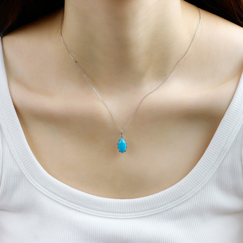 9K Vintage Oval Synthetic Turquoise Necklace | Retro-Inspired Elegant Pendant, Timeless & Unique Statement Jewelry for Women, Perfect for Layering & Gifting