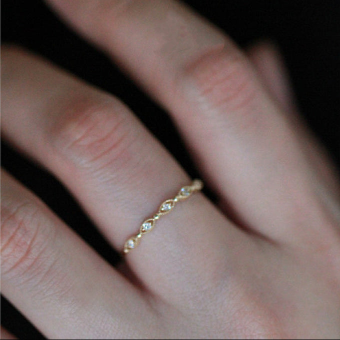 14K Yellow Gold Olive Dainty Vintage Openwork Wave Ring,Engagement Ring