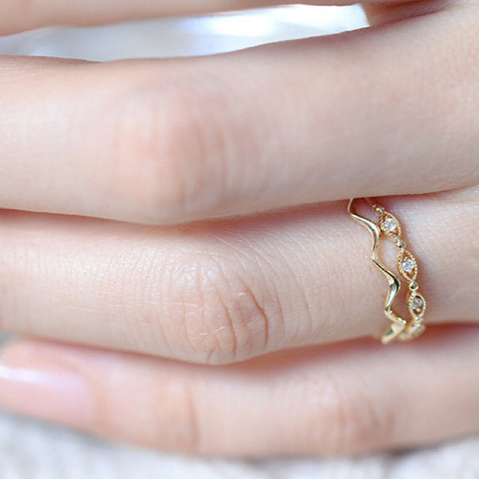 14K Yellow Gold Olive Dainty Vintage Openwork Wave Ring,Engagement Ring