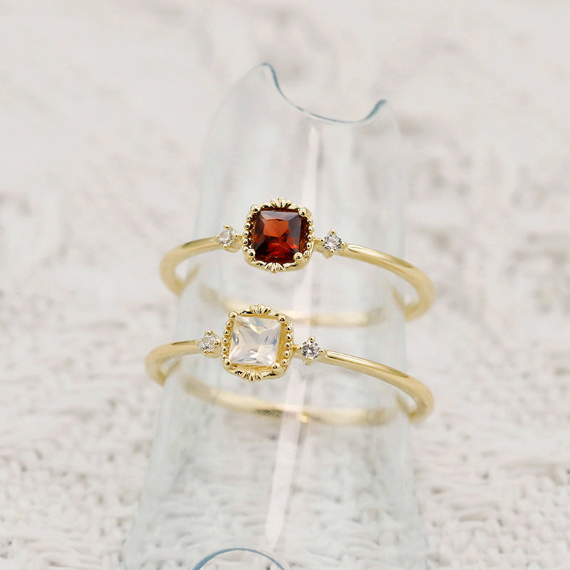 9K Gold Ring | Vintage French Style, Moonstone & Garnet Gemstone, Unique & Elegant Jewelry for Women, Perfect for Stacking & Special Occasions