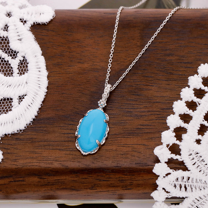 9K Vintage Oval Synthetic Turquoise Necklace | Retro-Inspired Elegant Pendant, Timeless & Unique Statement Jewelry for Women, Perfect for Layering & Gifting