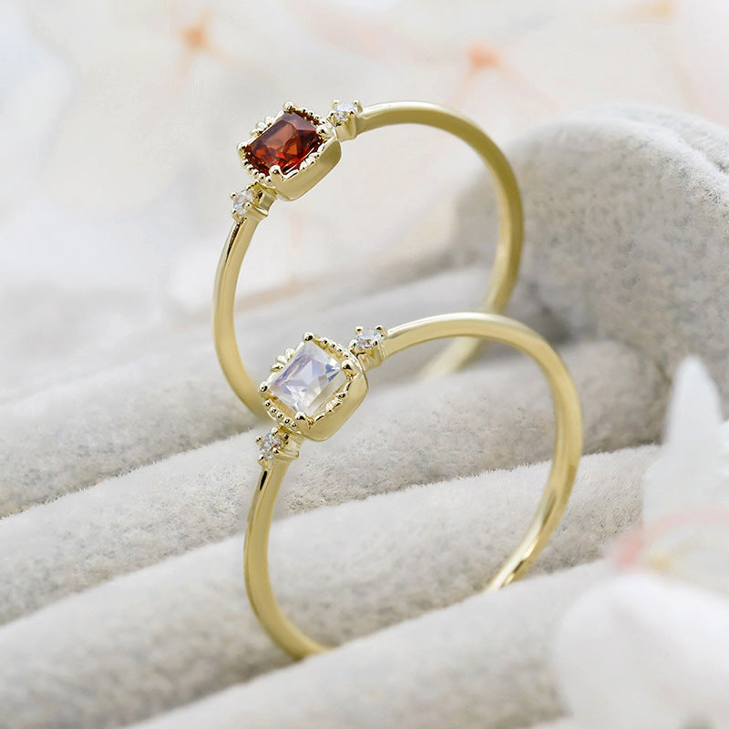 9K Gold Ring | Vintage French Style, Moonstone & Garnet Gemstone, Unique & Elegant Jewelry for Women, Perfect for Stacking & Special Occasions