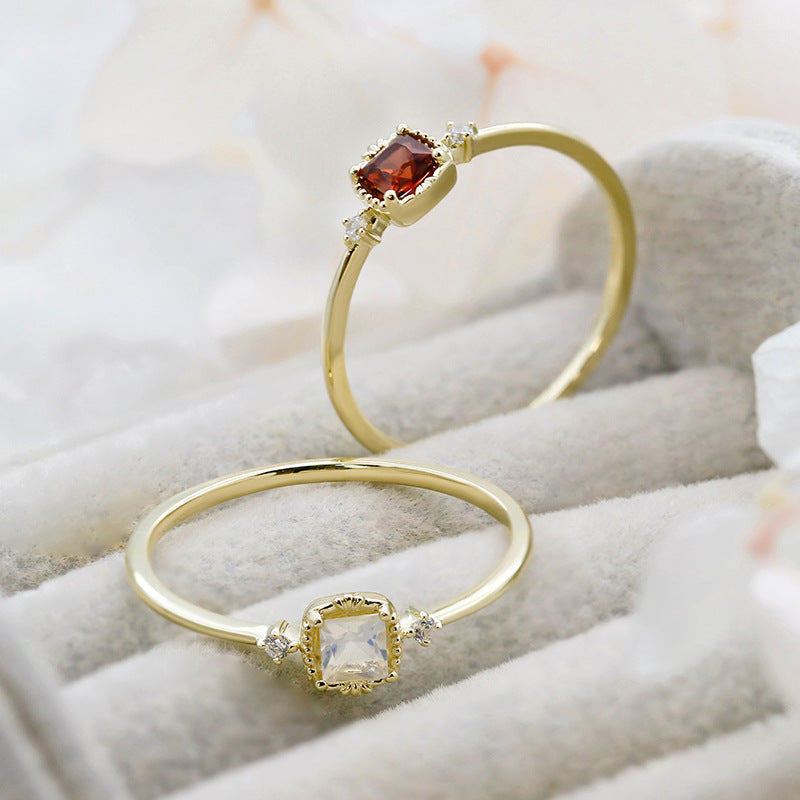 9K Gold Ring | Vintage French Style, Moonstone & Garnet Gemstone, Unique & Elegant Jewelry for Women, Perfect for Stacking & Special Occasions