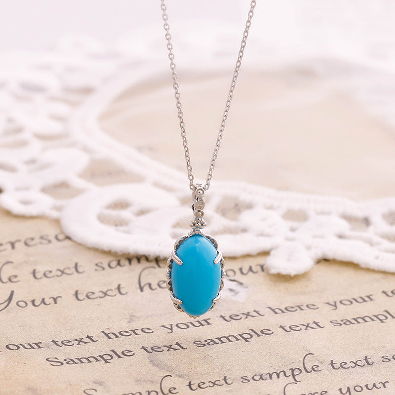 9K Vintage Oval Synthetic Turquoise Necklace | Retro-Inspired Elegant Pendant, Timeless & Unique Statement Jewelry for Women, Perfect for Layering & Gifting