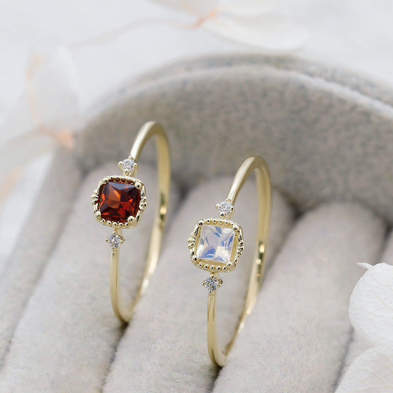 9K Gold Ring | Vintage French Style, Moonstone & Garnet Gemstone, Unique & Elegant Jewelry for Women, Perfect for Stacking & Special Occasions