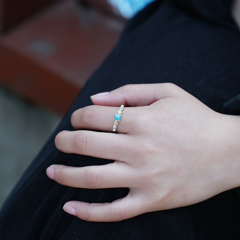 9K/14K Gold Ring | Natural Pearl, Opal & Turquoise, Bohemian Ethnic Style, Unique & Elegant Statement Jewelry for Women