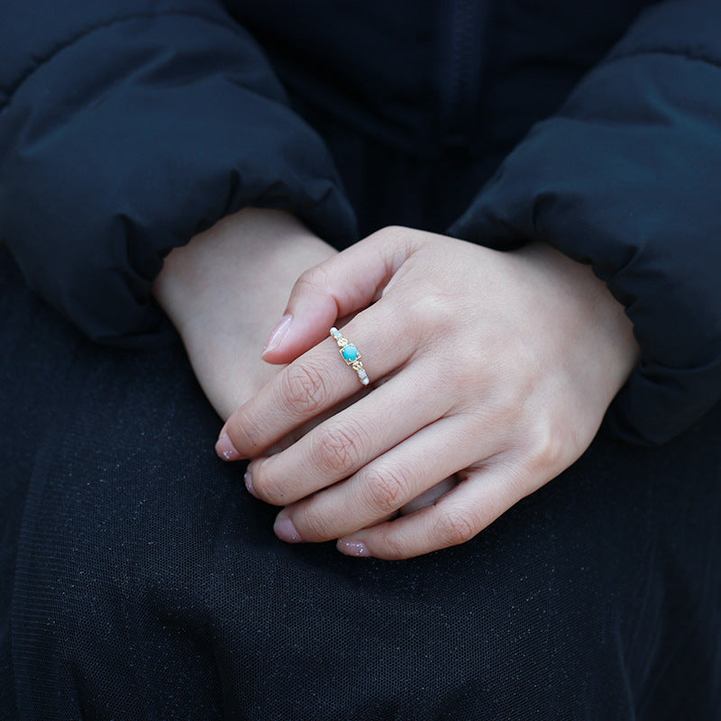 9K/14K Gold Ring | Natural Pearl, Opal & Turquoise, Bohemian Ethnic Style, Unique & Elegant Statement Jewelry for Women