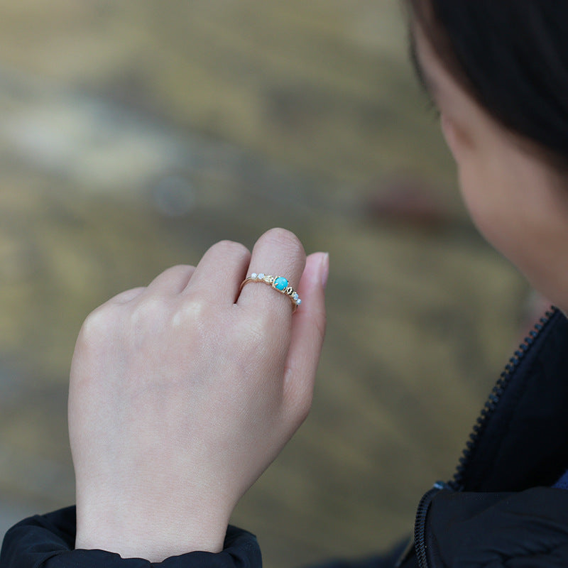 9K/14K Gold Ring | Natural Pearl, Opal & Turquoise, Bohemian Ethnic Style, Unique & Elegant Statement Jewelry for Women