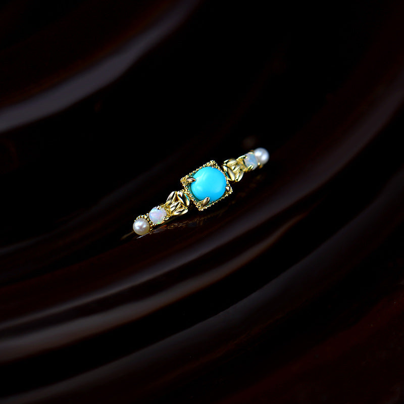 9K/14K Gold Ring | Natural Pearl, Opal & Turquoise, Bohemian Ethnic Style, Unique & Elegant Statement Jewelry for Women