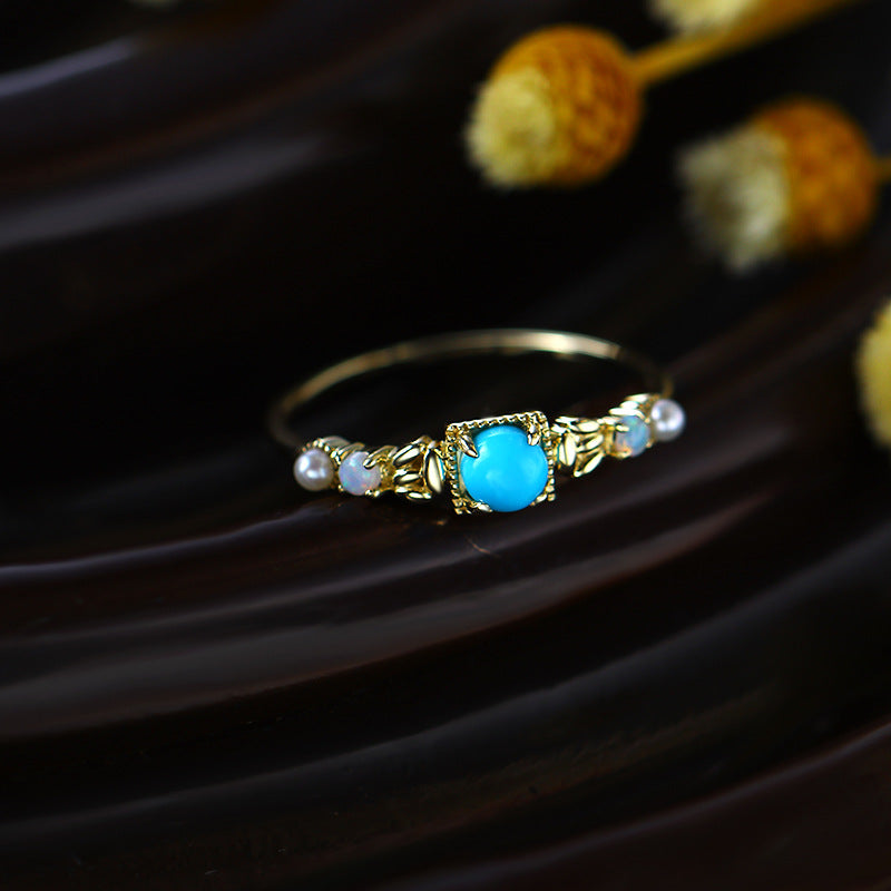 9K/14K Gold Ring | Natural Pearl, Opal & Turquoise, Bohemian Ethnic Style, Unique & Elegant Statement Jewelry for Women