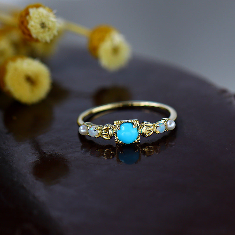 9K/14K Gold Ring | Natural Pearl, Opal & Turquoise, Bohemian Ethnic Style, Unique & Elegant Statement Jewelry for Women