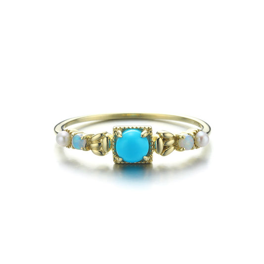 9K/14K Gold Ring | Natural Pearl, Opal & Turquoise, Bohemian Ethnic Style, Unique & Elegant Statement Jewelry for Women