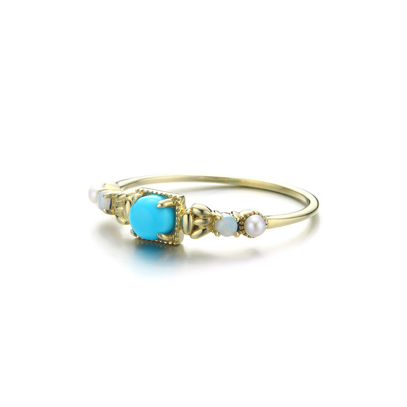 9K/14K Gold Ring | Natural Pearl, Opal & Turquoise, Bohemian Ethnic Style, Unique & Elegant Statement Jewelry for Women