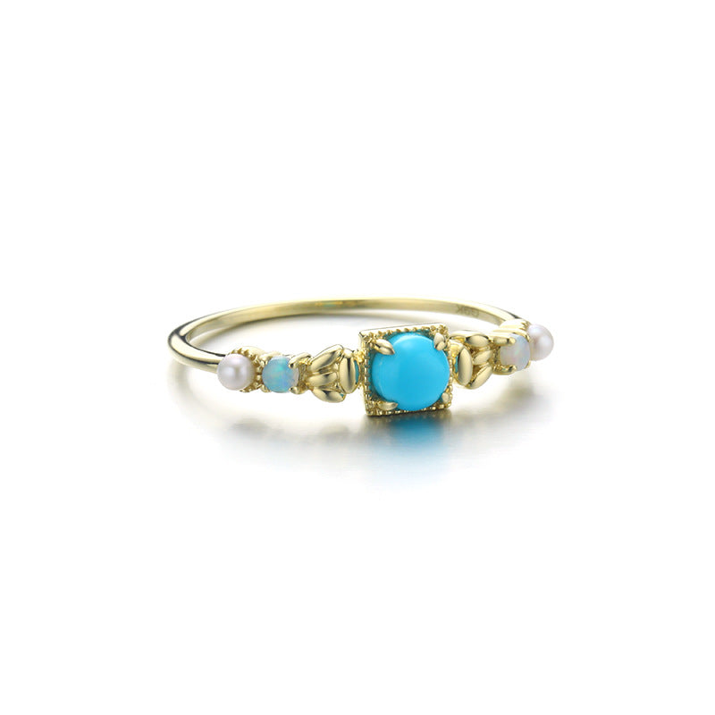 9K/14K Gold Ring | Natural Pearl, Opal & Turquoise, Bohemian Ethnic Style, Unique & Elegant Statement Jewelry for Women