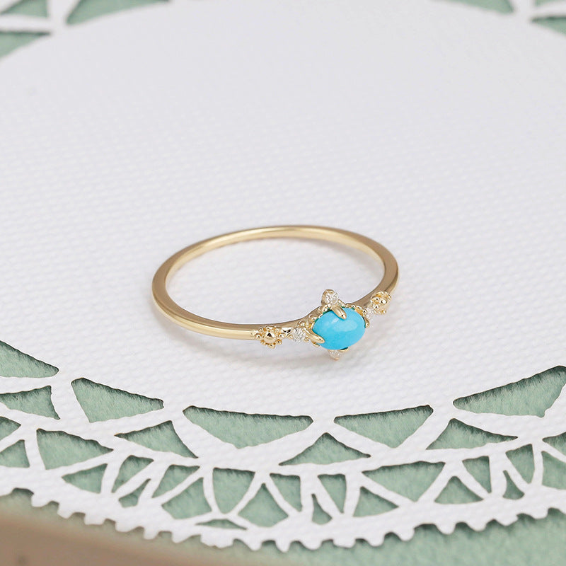 9K Gold Turquoise Ring | Simple & Retro Rococo-Inspired Geometric Design, Elegant & Timeless Jewelry for Women, Perfect for Everyday Wear and Special Occasions