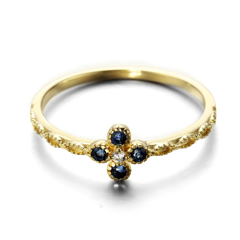 9K Gold Baroque Engraved Ring | Exquisite Craftsmanship, Natural Blue Sapphire Four-Leaf Clover Design, Vintage-Inspired Elegant Jewelry for Women