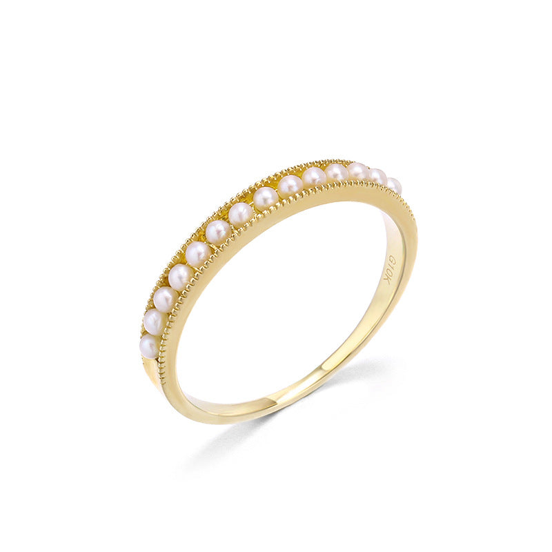 9K Gold Ring ,Simple Single Row Natural Freshwater Pearl, Elegant & Minimalist Design, Perfect for Daily Wear, Timeless Jewelry for Women