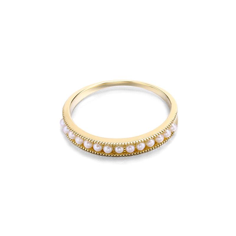 9K Gold Ring ,Simple Single Row Natural Freshwater Pearl, Elegant & Minimalist Design, Perfect for Daily Wear, Timeless Jewelry for Women