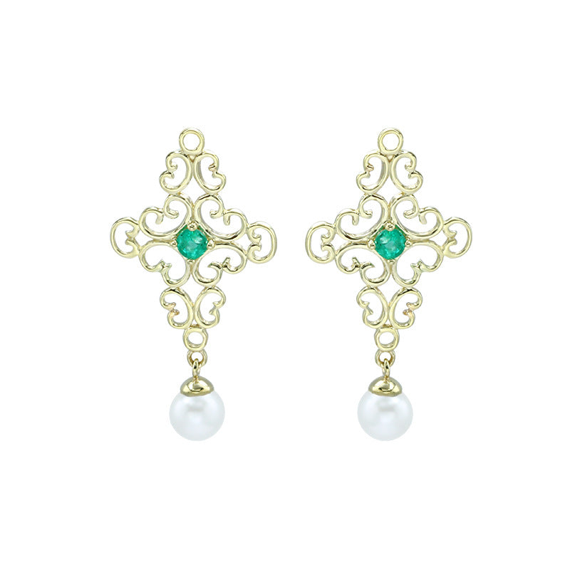 Baroque Pearl Earrings in 9K Gold with Emerald Accents – Vintage Boho Filigree Design, Elegant Royal Jewelry for Women