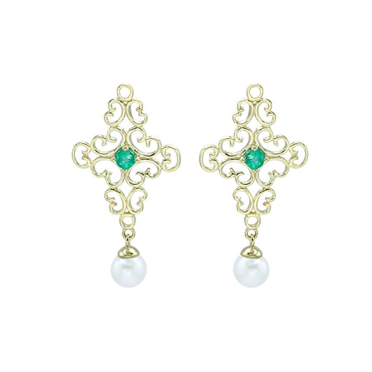 Baroque Pearl Earrings in 9K Gold with Emerald Accents – Vintage Boho Filigree Design, Elegant Royal Jewelry for Women