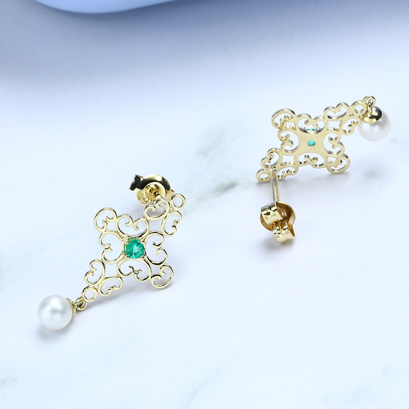 Baroque Pearl Earrings in 9K Gold with Emerald Accents – Vintage Boho Filigree Design, Elegant Royal Jewelry for Women