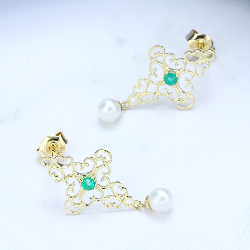 Baroque Pearl Earrings in 9K Gold with Emerald Accents – Vintage Boho Filigree Design, Elegant Royal Jewelry for Women