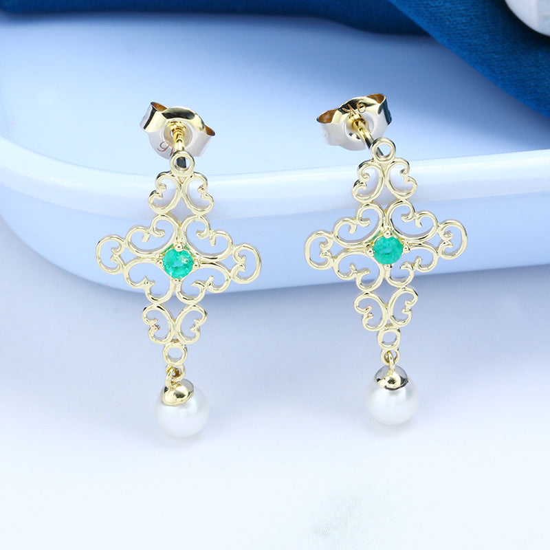 Baroque Pearl Earrings in 9K Gold with Emerald Accents – Vintage Boho Filigree Design, Elegant Royal Jewelry for Women