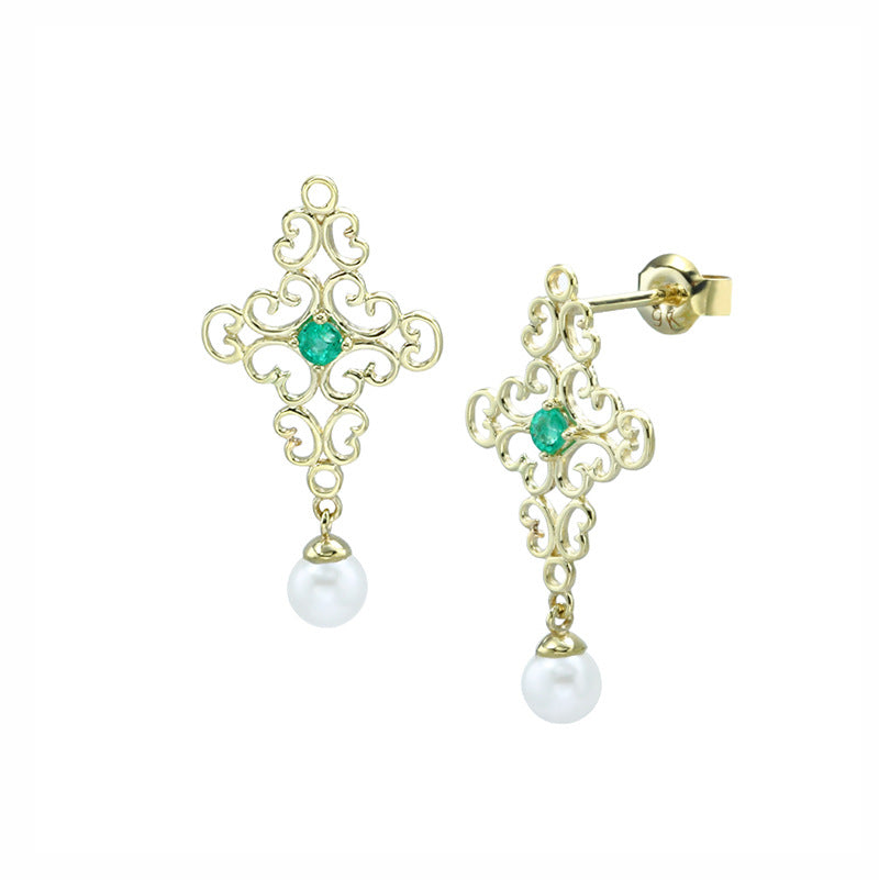 Baroque Pearl Earrings in 9K Gold with Emerald Accents – Vintage Boho Filigree Design, Elegant Royal Jewelry for Women