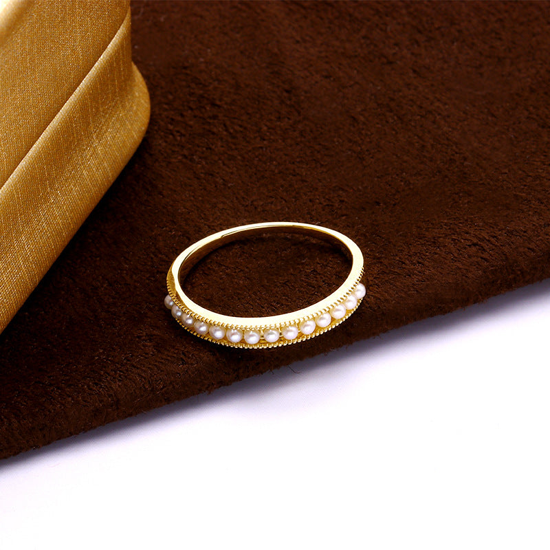 9K Gold Ring ,Simple Single Row Natural Freshwater Pearl, Elegant & Minimalist Design, Perfect for Daily Wear, Timeless Jewelry for Women