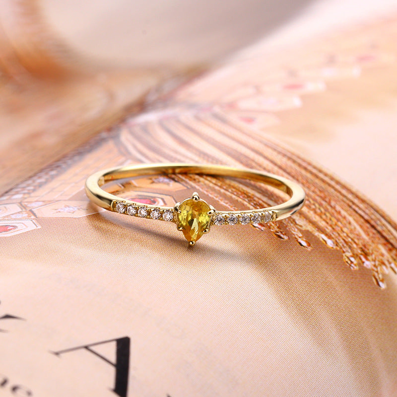 9K Gold Ring | Delicate Natural Yellow Blue Sapphire with Moissanite, Simple Elegant Design, Perfect for Stacking or Daily Wear, Ideal Gift for Women