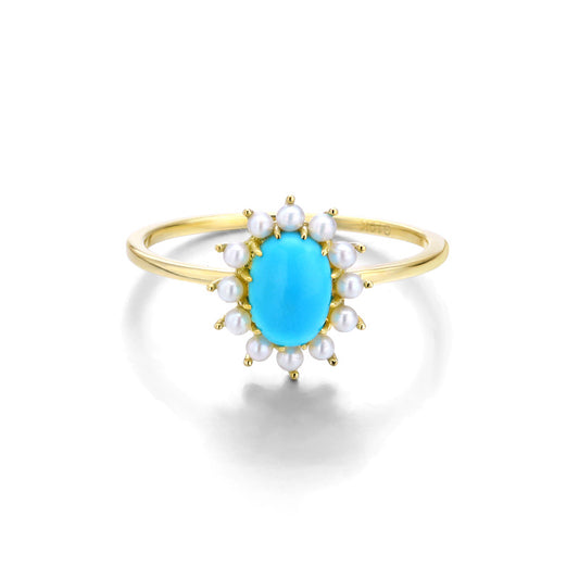 9K Dainty Vintage Turquoise & Pearl Ring