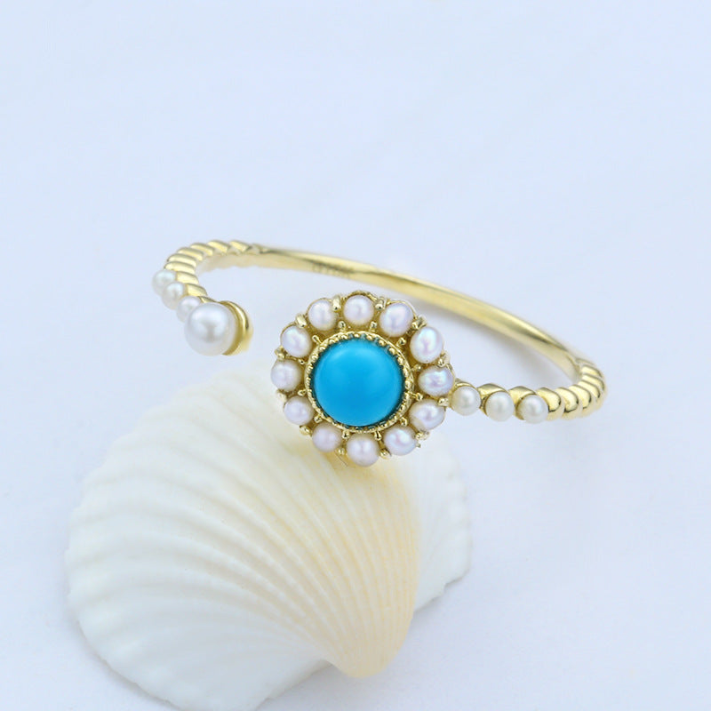 Sunflower Natural Turquoise Pearl Adjustable Ring for Women | 9K Gold Handcrafted Jewelry | Elegant Floral Design