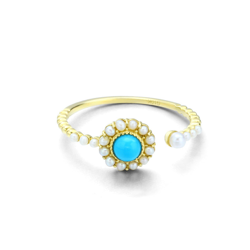 Sunflower Natural Turquoise Pearl Adjustable Ring for Women | 9K Gold Handcrafted Jewelry | Elegant Floral Design