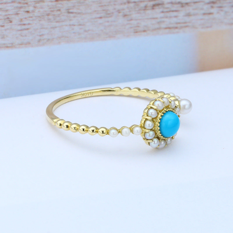 Sunflower Natural Turquoise Pearl Adjustable Ring for Women | 9K Gold Handcrafted Jewelry | Elegant Floral Design