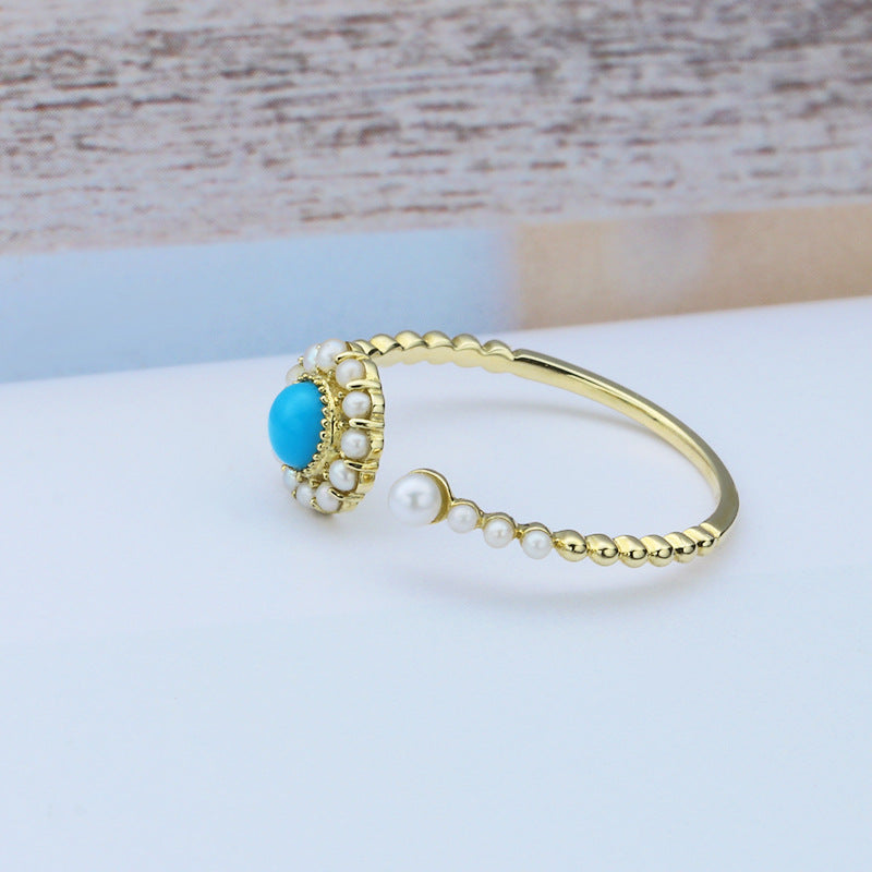 Sunflower Natural Turquoise Pearl Adjustable Ring for Women | 9K Gold Handcrafted Jewelry | Elegant Floral Design