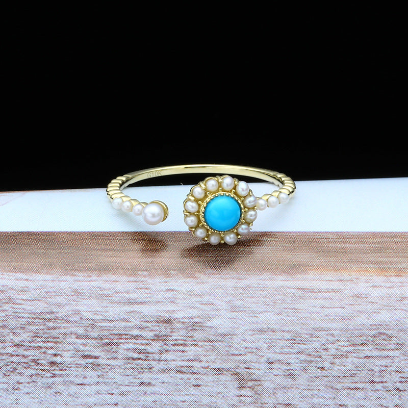 Sunflower Natural Turquoise Pearl Adjustable Ring for Women | 9K Gold Handcrafted Jewelry | Elegant Floral Design