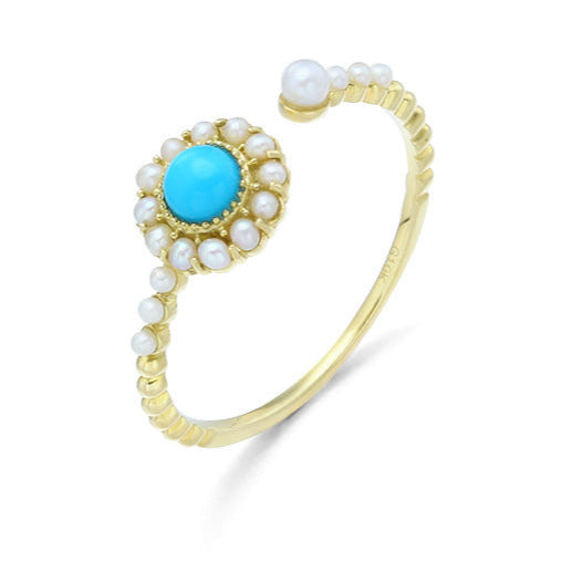 Sunflower Natural Turquoise Pearl Adjustable Ring for Women | 9K Gold Handcrafted Jewelry | Elegant Floral Design