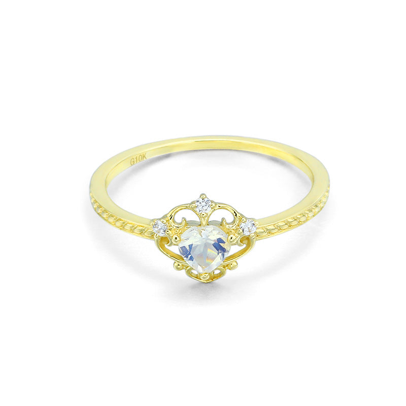 9K Gold Ring | Heart-Shaped Moonstone with Crown Design, Elegant & Timeless Jewelry, Perfect for Women’s Special Occasions, Ideal Gift