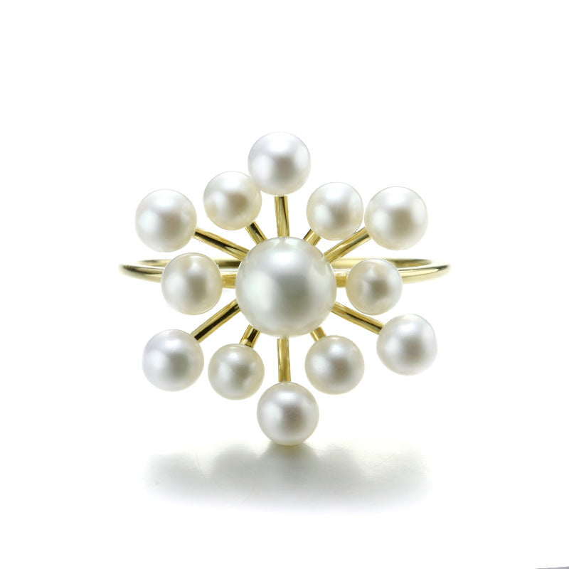 14K Gold Statement Pearl Flower Ring | Exquisite Firework-Inspired Design, Natural Large & Small Pearls, Bold & Elegant Jewelry for Women, Perfect for Special Occasions & Luxury Styling