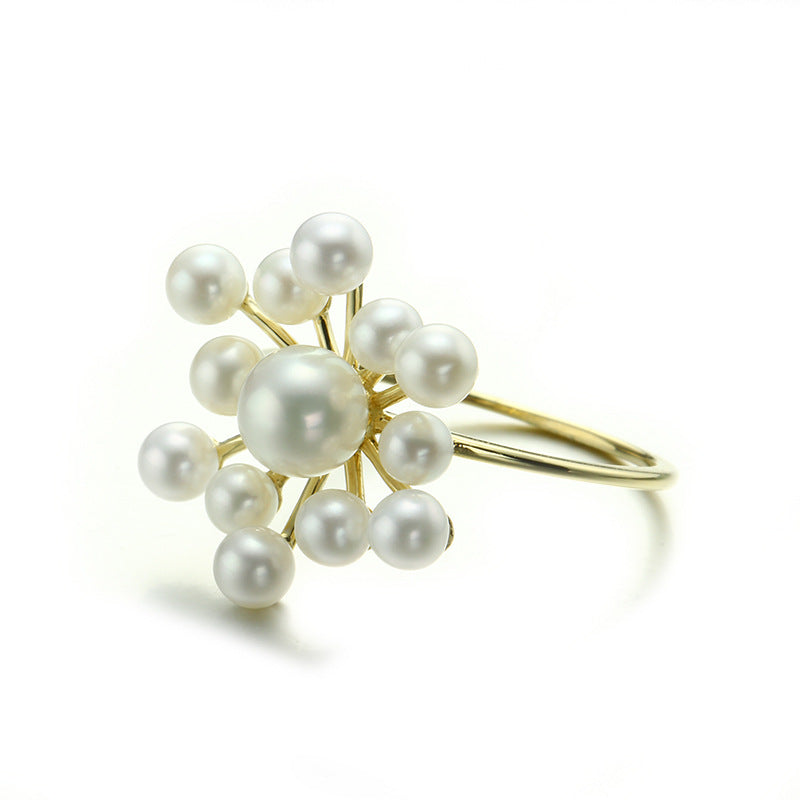 14K Gold Statement Pearl Flower Ring | Exquisite Firework-Inspired Design, Natural Large & Small Pearls, Bold & Elegant Jewelry for Women, Perfect for Special Occasions & Luxury Styling