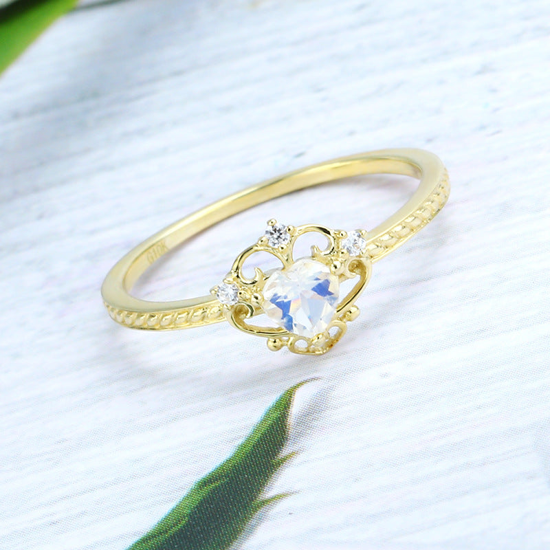 9K Gold Ring | Heart-Shaped Moonstone with Crown Design, Elegant & Timeless Jewelry, Perfect for Women’s Special Occasions, Ideal Gift