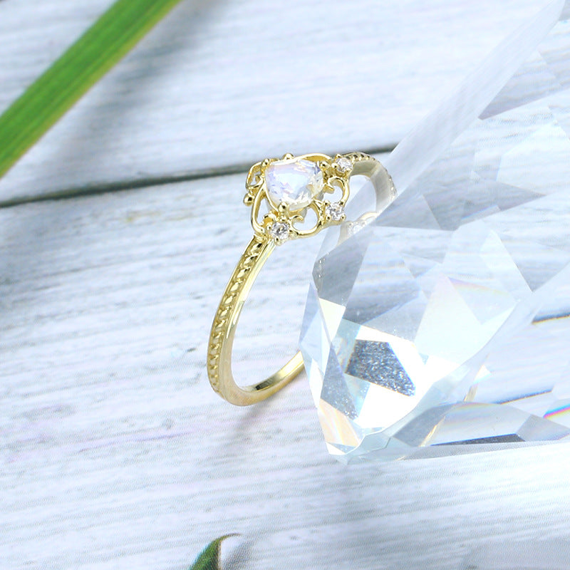 9K Gold Ring | Heart-Shaped Moonstone with Crown Design, Elegant & Timeless Jewelry, Perfect for Women’s Special Occasions, Ideal Gift