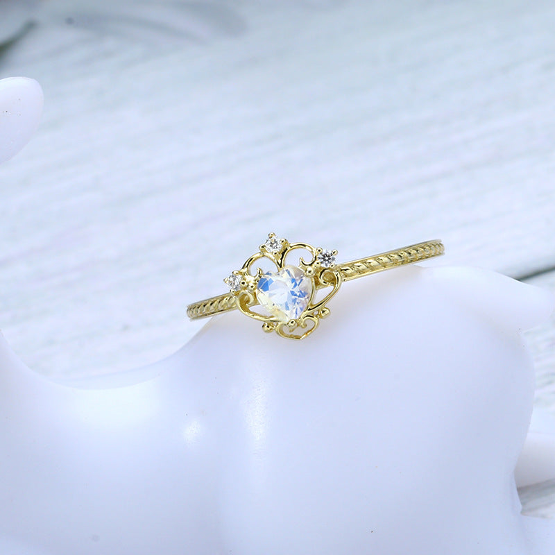 9K Gold Ring | Heart-Shaped Moonstone with Crown Design, Elegant & Timeless Jewelry, Perfect for Women’s Special Occasions, Ideal Gift