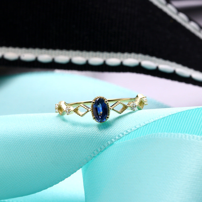 9K Sapphire Ring Minimalist Diamond-Shaped Lace Design